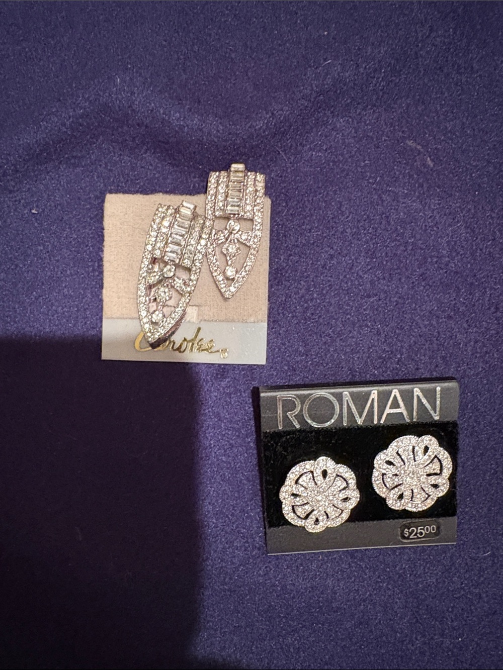 Carolee dress clips and Roman Silver-tone Crystal Floral Stud Earrings